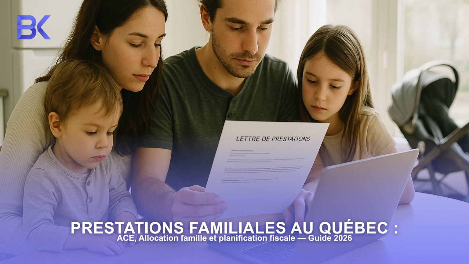 Famille québécoise consultant une lettre de prestations — ACE et Allocation famille 2026