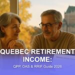 Quebec couple reviewing a retirement income timeline at home