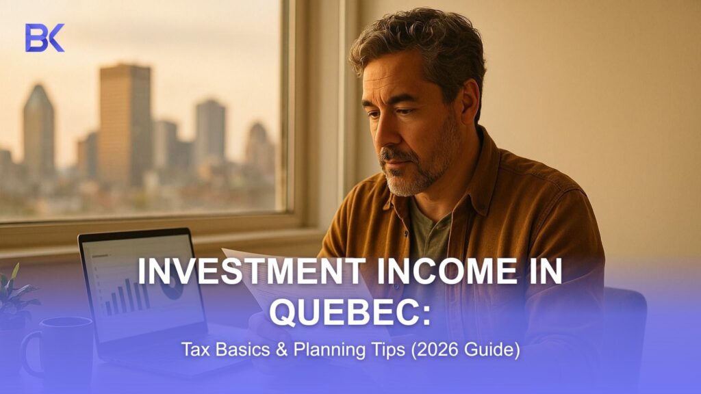 Quebec investor reviewing investment statements at home with the Montreal skyline in the window