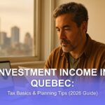 Quebec investor reviewing investment statements at home with the Montreal skyline in the window