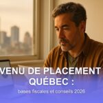 Investisseur québécois qui examine ses relevés de placement à la maison, avec la silhouette de Montréal dans la fenêtre
