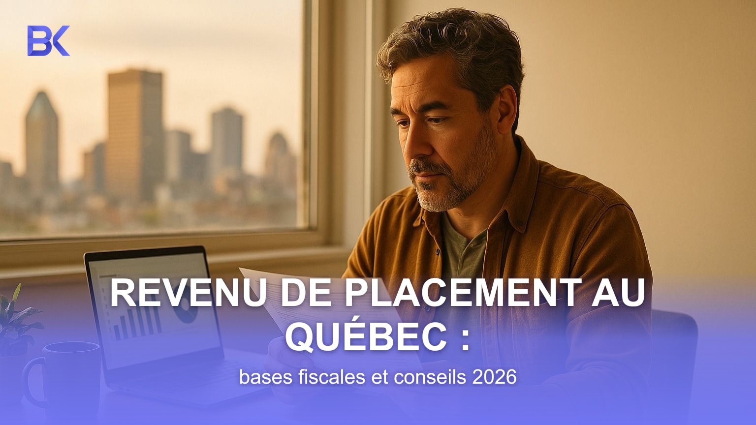 Investisseur québécois qui examine ses relevés de placement à la maison, avec la silhouette de Montréal dans la fenêtre