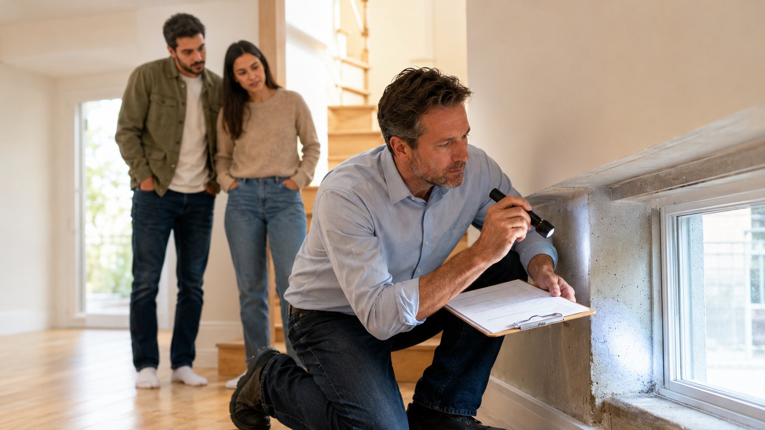 A home inspector checks a basement window frame while the buyers look on