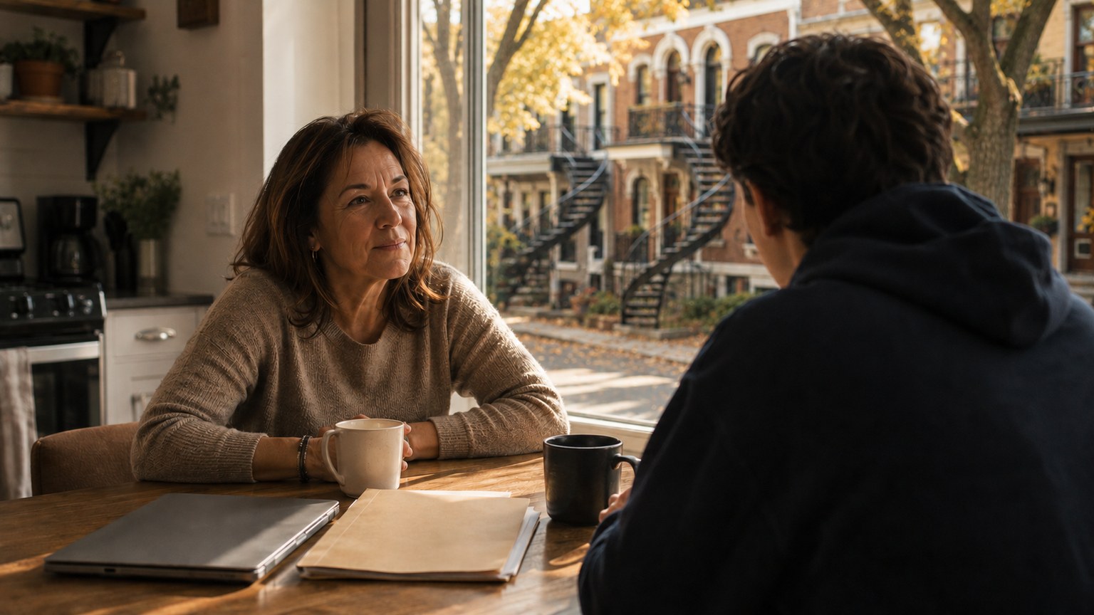 Mother and her grown son talking at a kitchen table in a Montreal apartment, spiral staircases outside the window