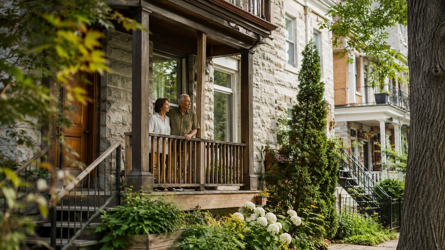 A couple in their sixties stand on the porch of a grey-stone Montreal home