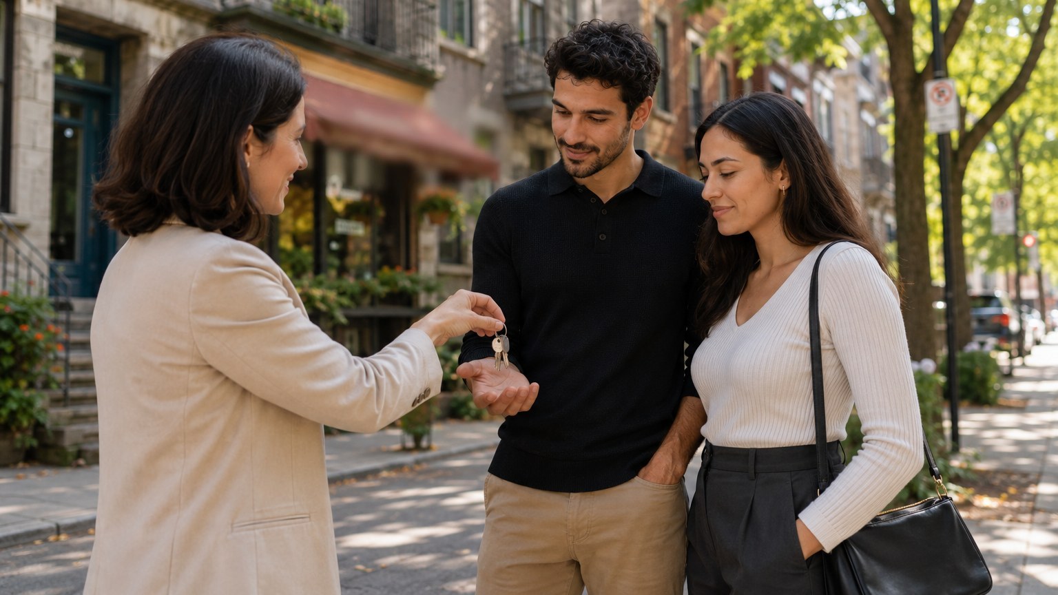 A real estate agent hands keys to a young couple outside a Montreal condo building