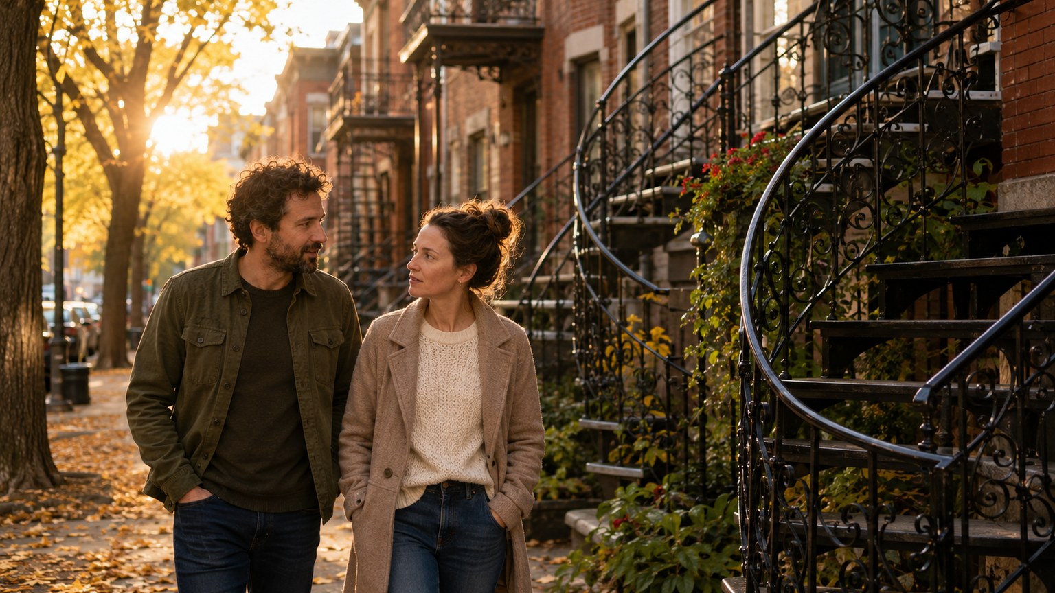 Couple walking on a Montreal street with wrought-iron spiral staircases in autumn light