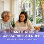 Une femme agee et sa fille adulte examinent des documents, une rue de Montreal visible par la fenetre