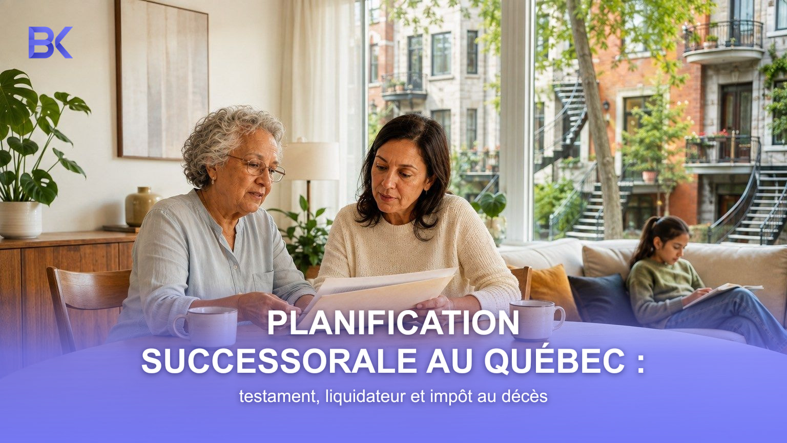 Une femme agee et sa fille adulte examinent des documents, une rue de Montreal visible par la fenetre