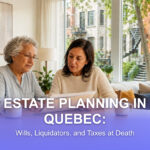 An older woman and her adult daughter review documents at a table, a Montreal street visible through the window