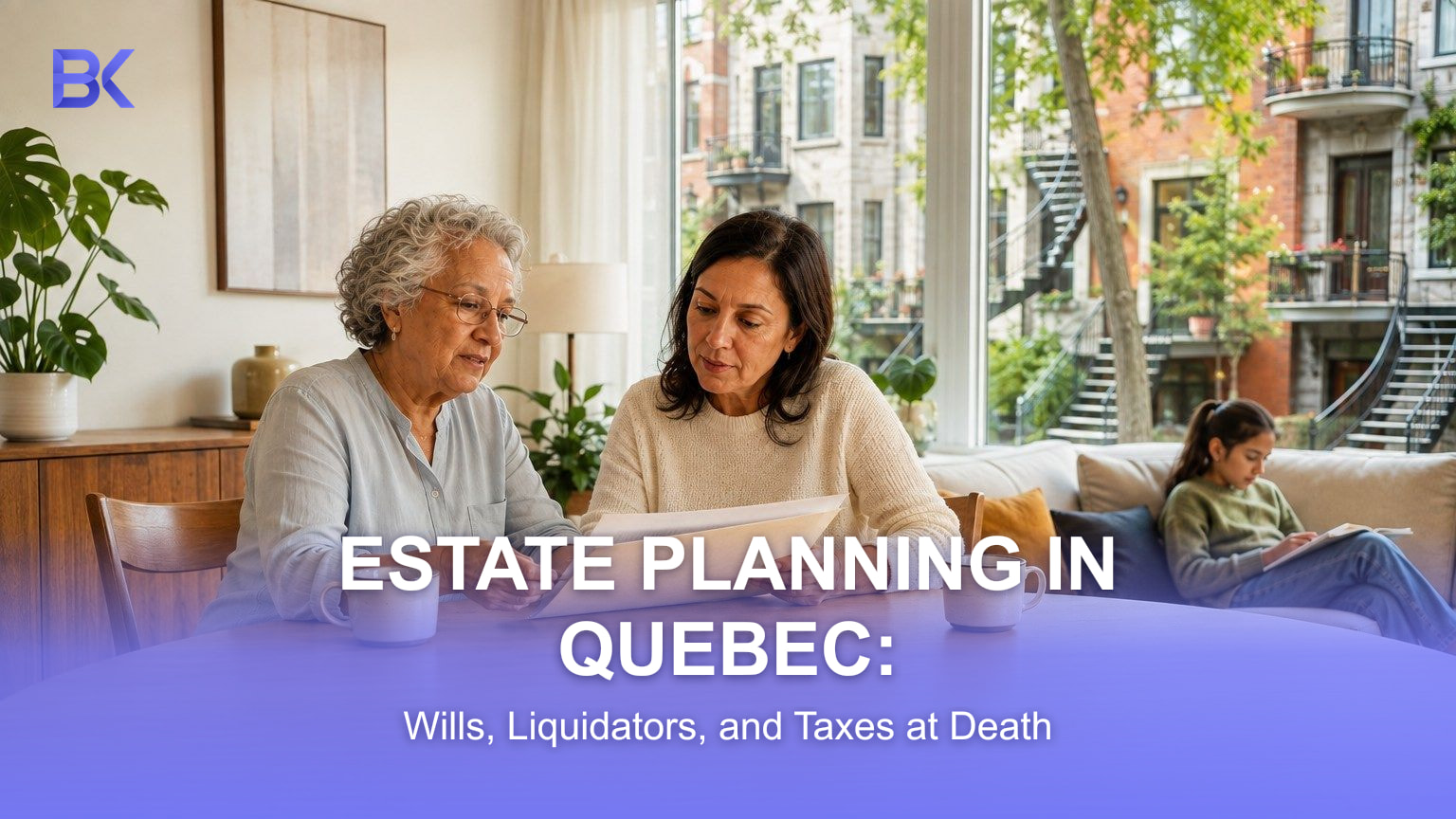 An older woman and her adult daughter review documents at a table, a Montreal street visible through the window