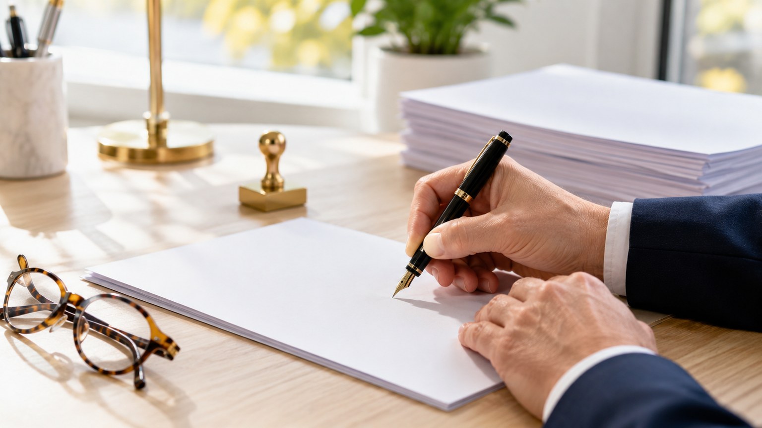 Hands signing a mortgage document at a notary desk in bright daylight