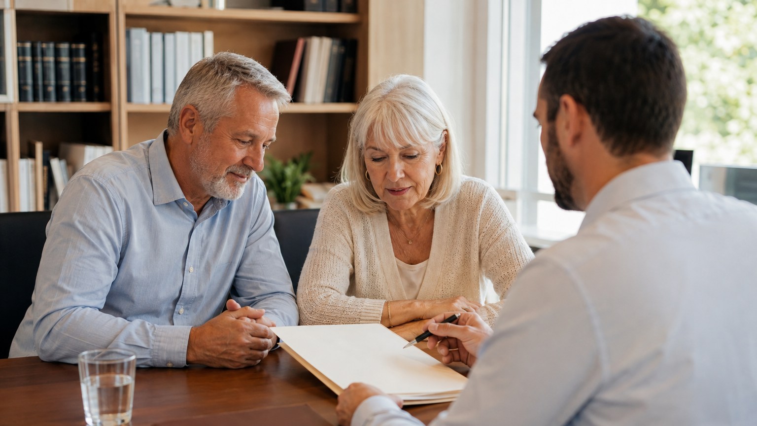 A notary explains a document to a couple in their sixties across a desk