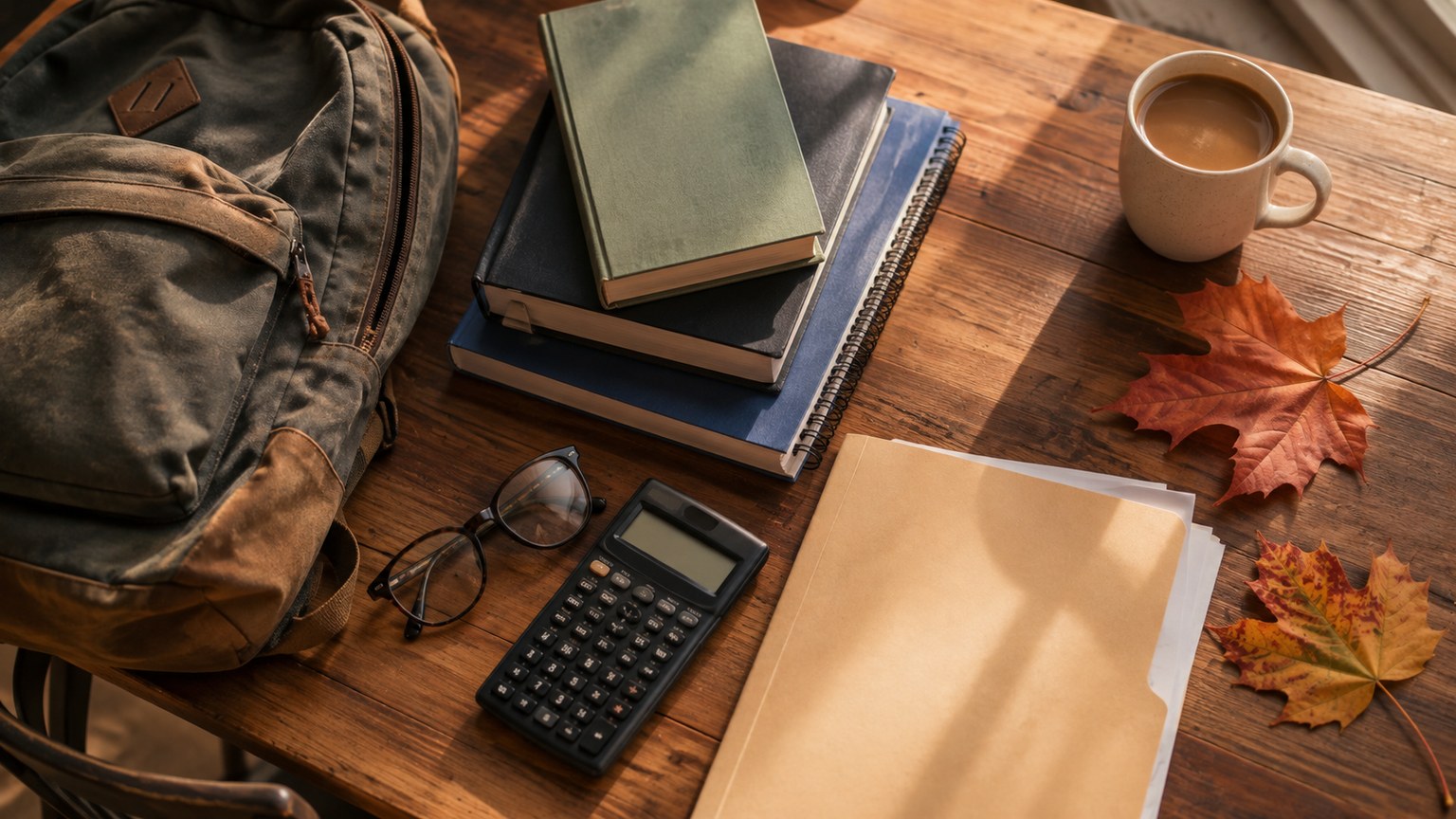 Student backpack, textbooks, calculator and a folder of papers on a kitchen table in autumn light
